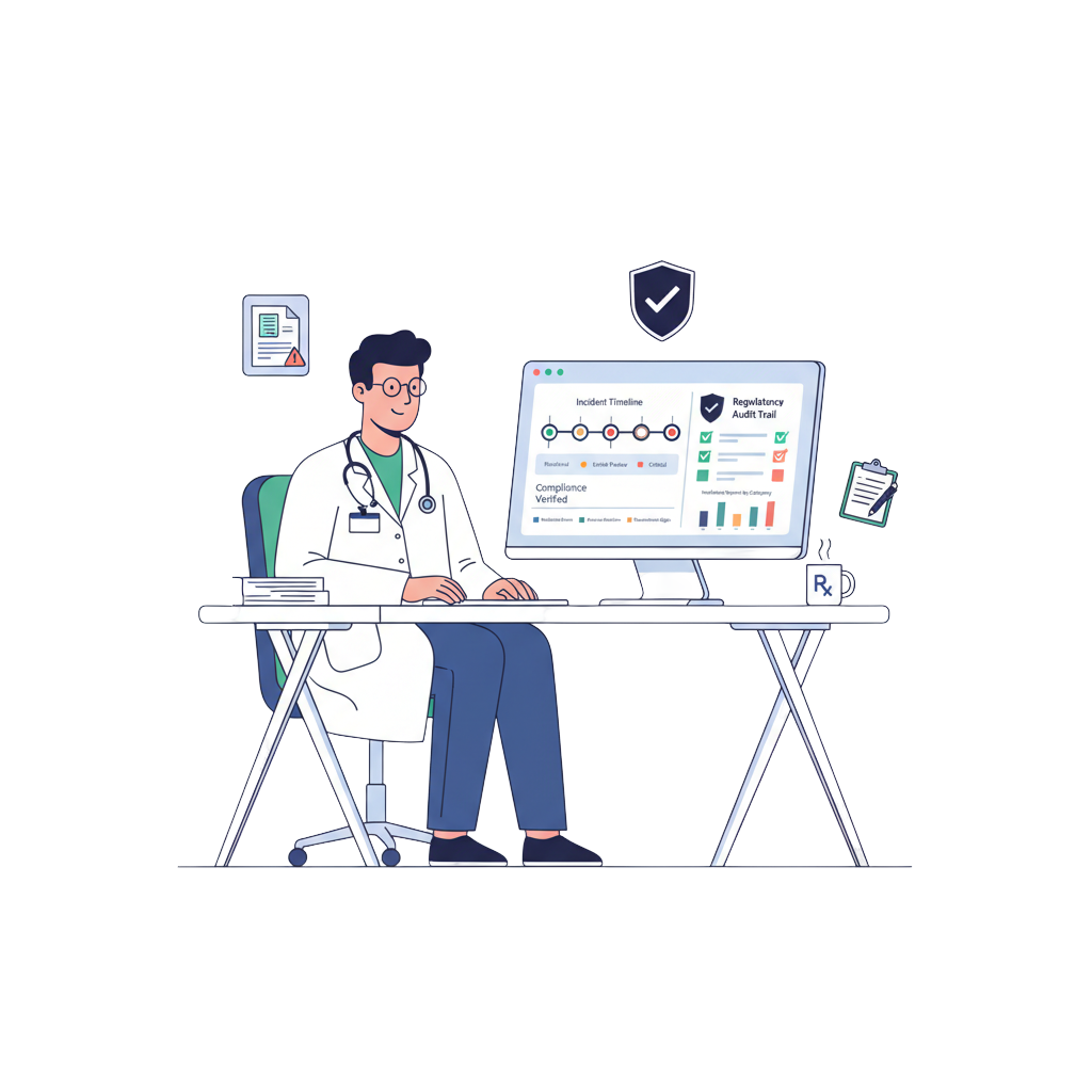 A pharmacist at a desk reviewing an incident timeline and compliance audit trail on a desktop monitor