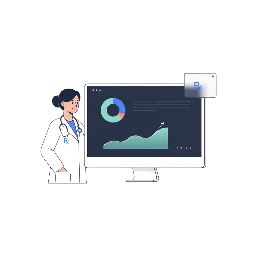 An Rx Intelligence analytics dashboard on a desktop monitor, with a pharmacist alongside