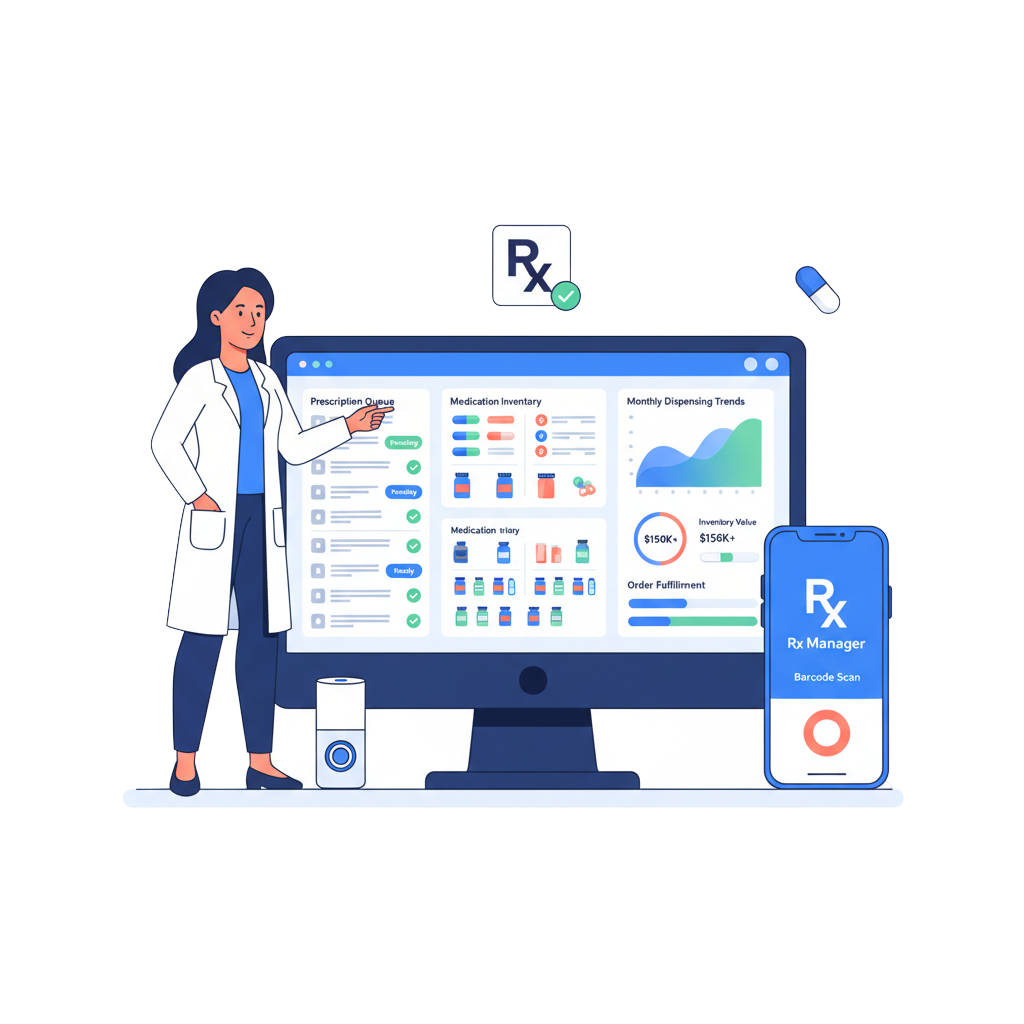The Rx Manager dashboard on a desktop monitor and phone, with a pharmacist alongside